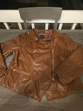 COOGI Women's Quilted Faux Leather Moto Jacket - Tan Y2k